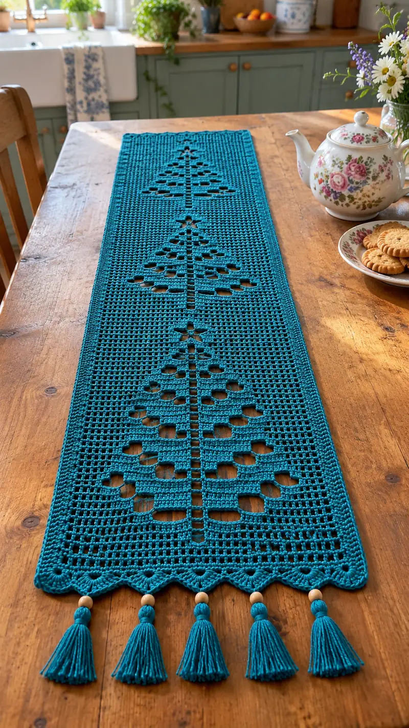 Caminito Navideno Rectangular Con Arboles patrón de crochet - vista detallada del proyecto terminado