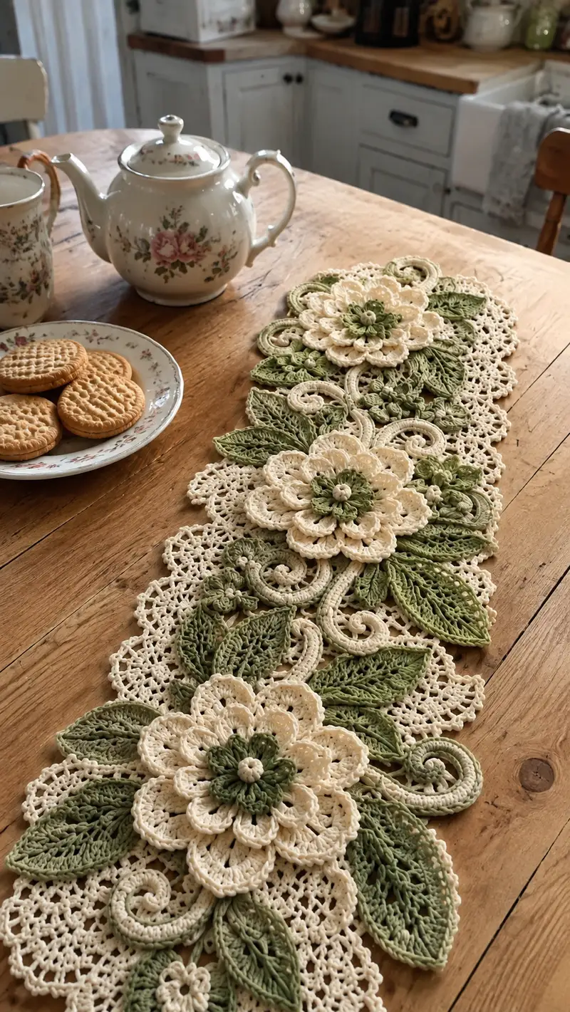 Camino De Mesa Floral Vintage patrón de crochet - vista detallada del proyecto terminado