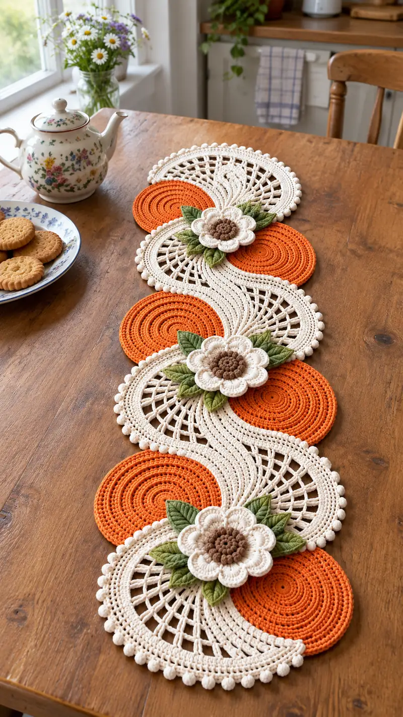 Camino De Mesa Floral Ondulado patrón de crochet - vista detallada del proyecto terminado