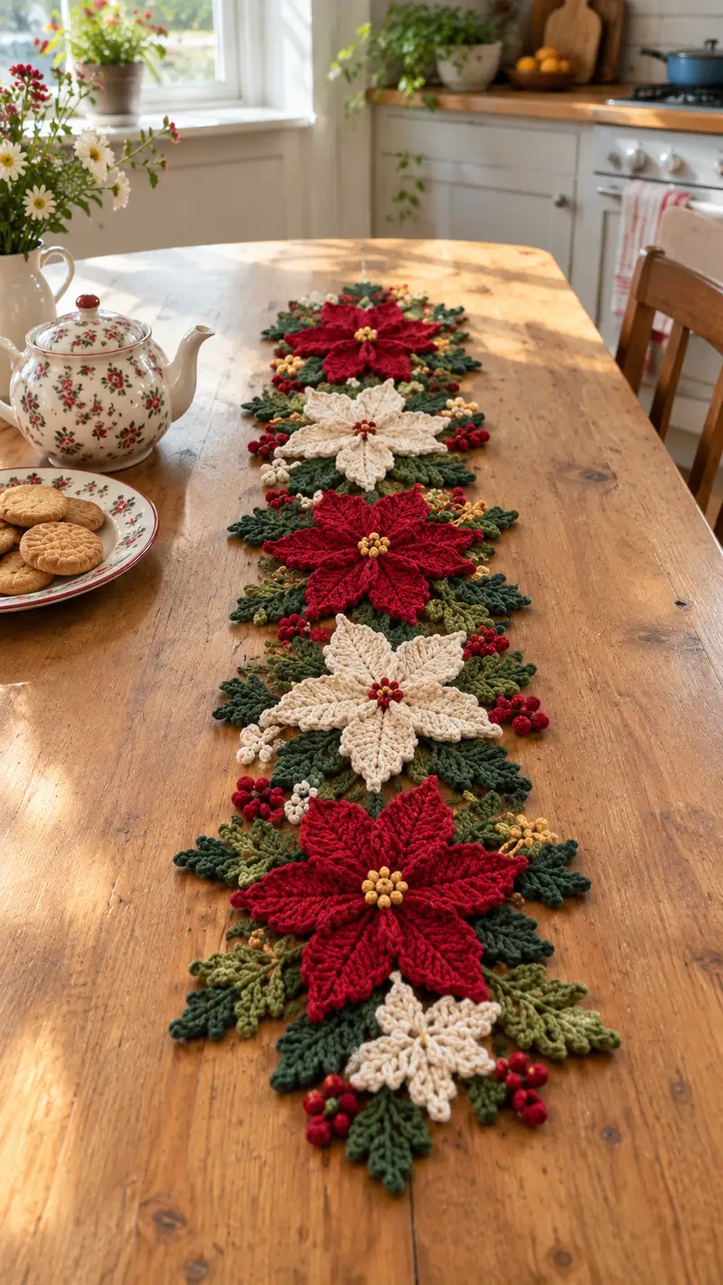 Camino De Mesa Estrellas De Nochebuena patrón de crochet - vista detallada del proyecto terminado