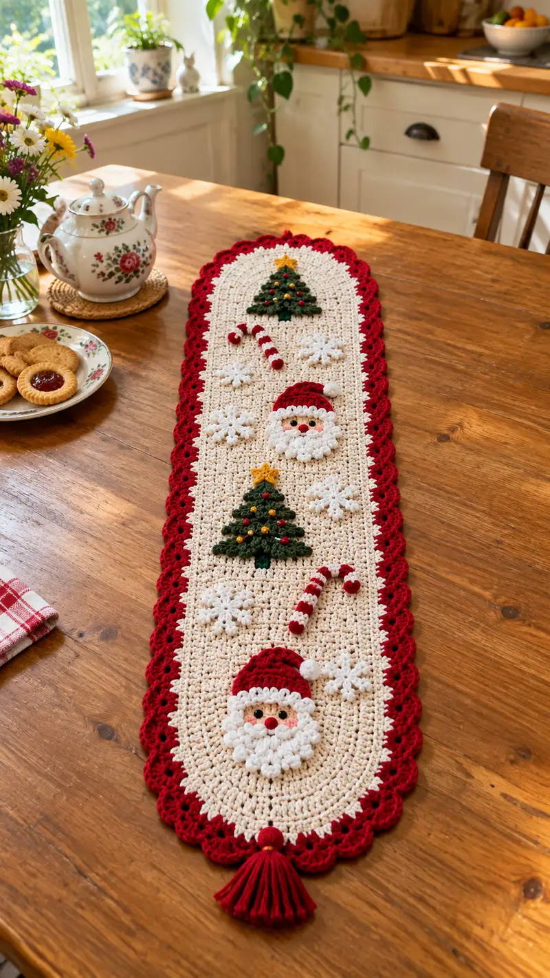 Corredor Navideno con Santa y Arboles patrón de crochet - vista detallada del proyecto terminado