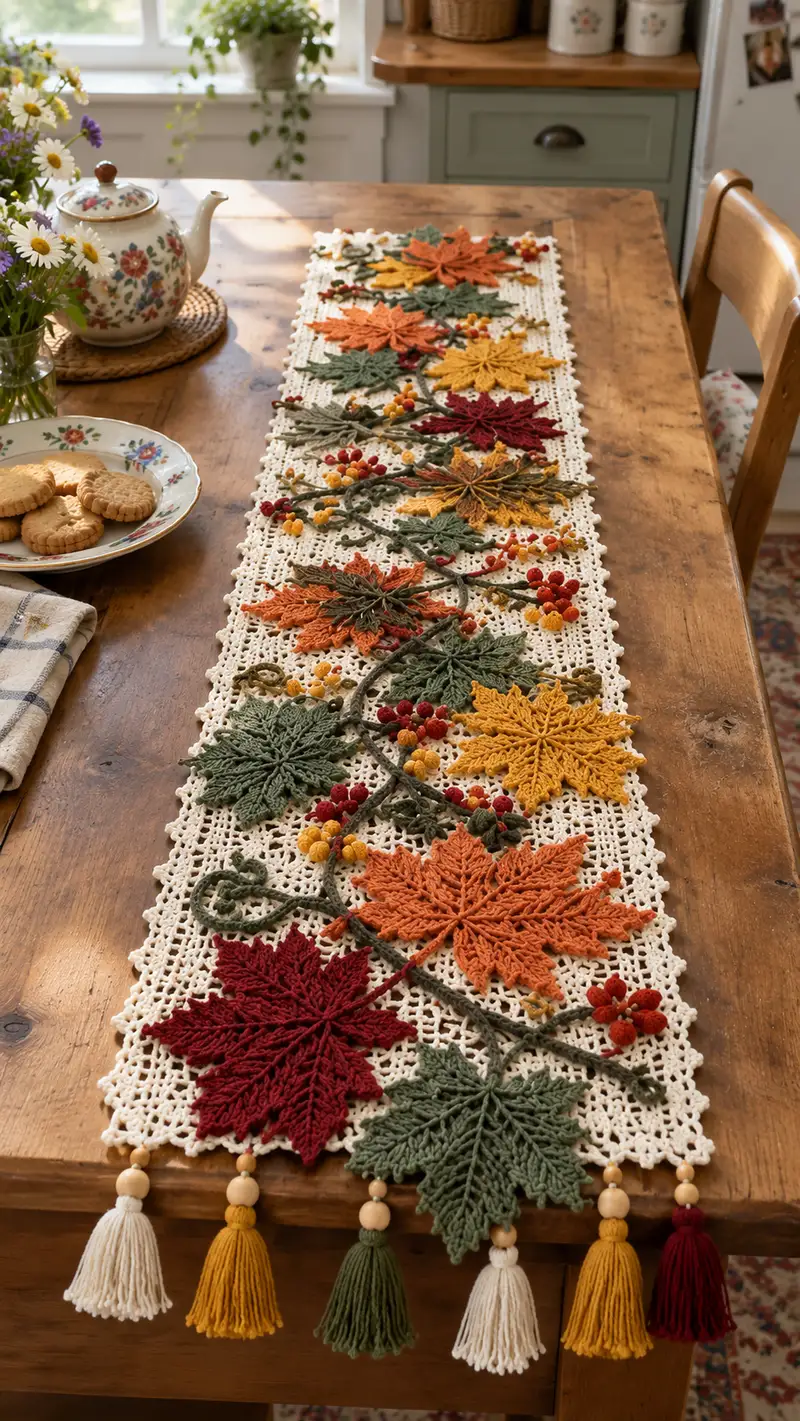 Patrón de crochet gratis nivel Avanzado: Camino De Mesa Otoño Con Hojas - Tutorial fácil de seguir
