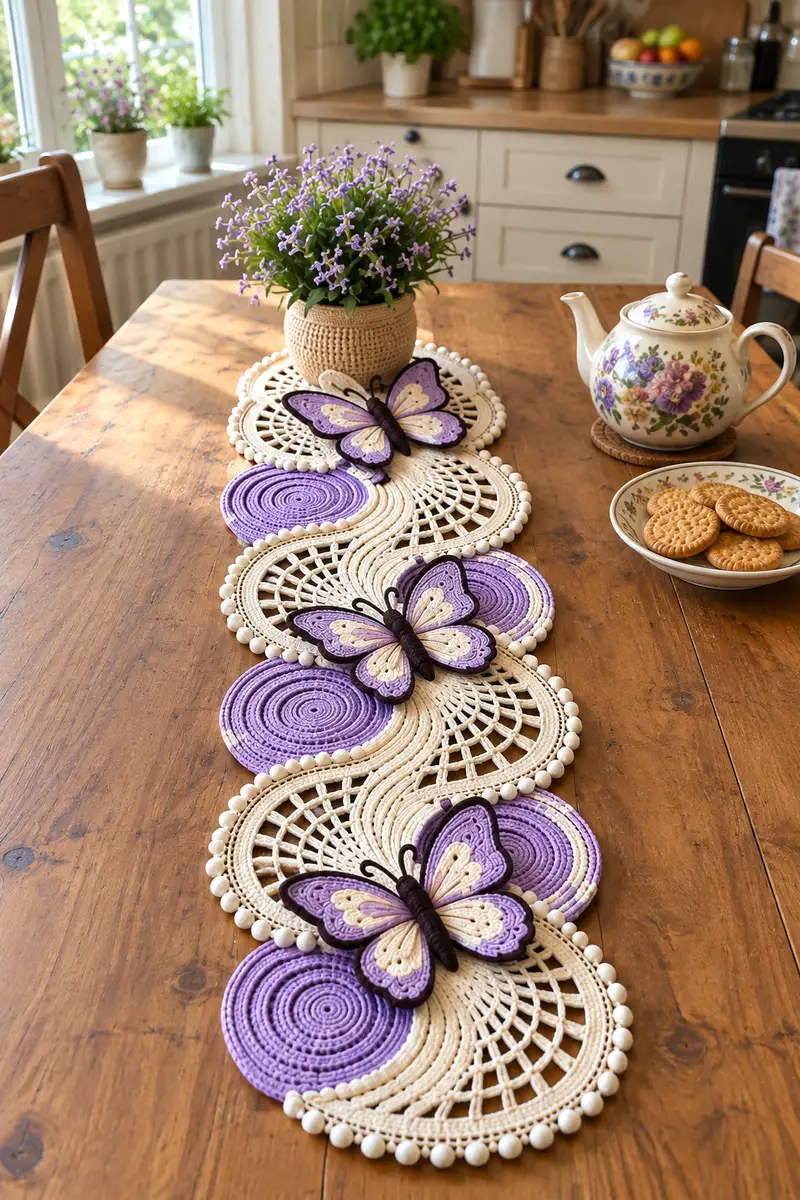 Camino De Mesa Mariposas Lavanda patrón de crochet - vista detallada del proyecto terminado