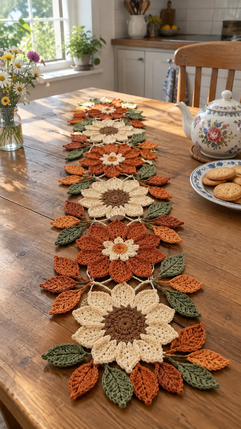 Camino De Mesa Flores Otonales patrón de crochet - vista detallada del proyecto terminado