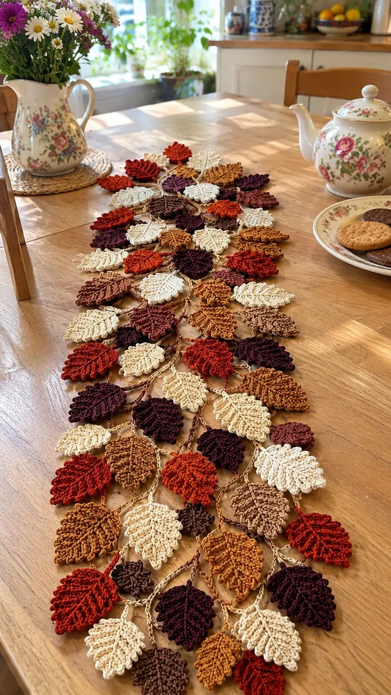 Centro De Mesa Otono Con Hojas patrón de crochet - vista detallada del proyecto terminado