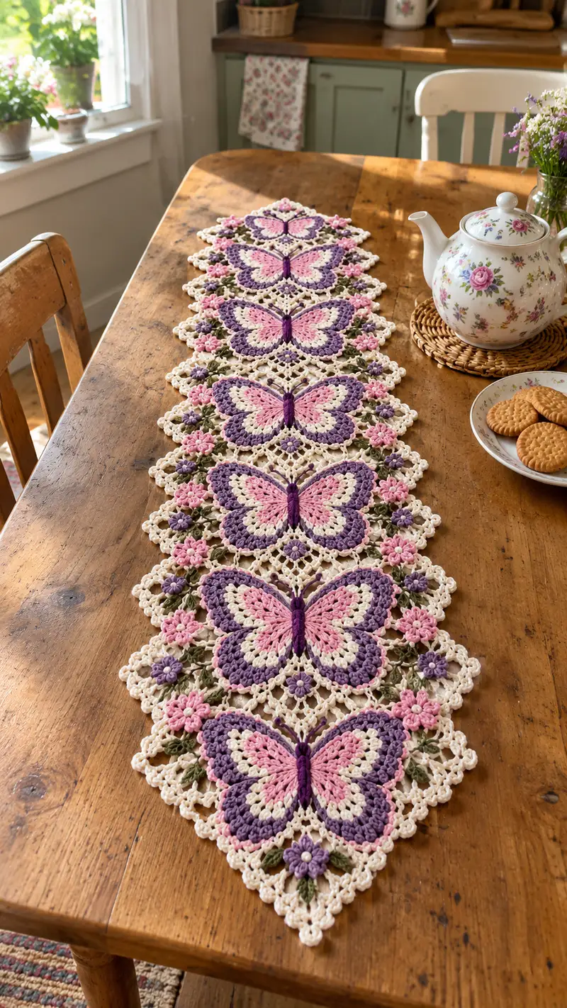 Camino De Mesa Con Mariposas patrón de crochet - vista detallada del proyecto terminado