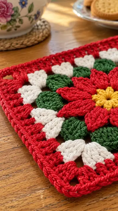 Cuadro Poinsettia Navideño a Crochet paso 2 - avance del armado