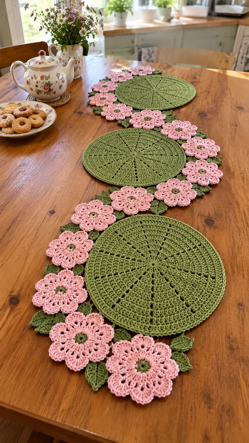 Camino de Mesa Rosas y Hojas patrón de crochet - vista detallada del proyecto terminado