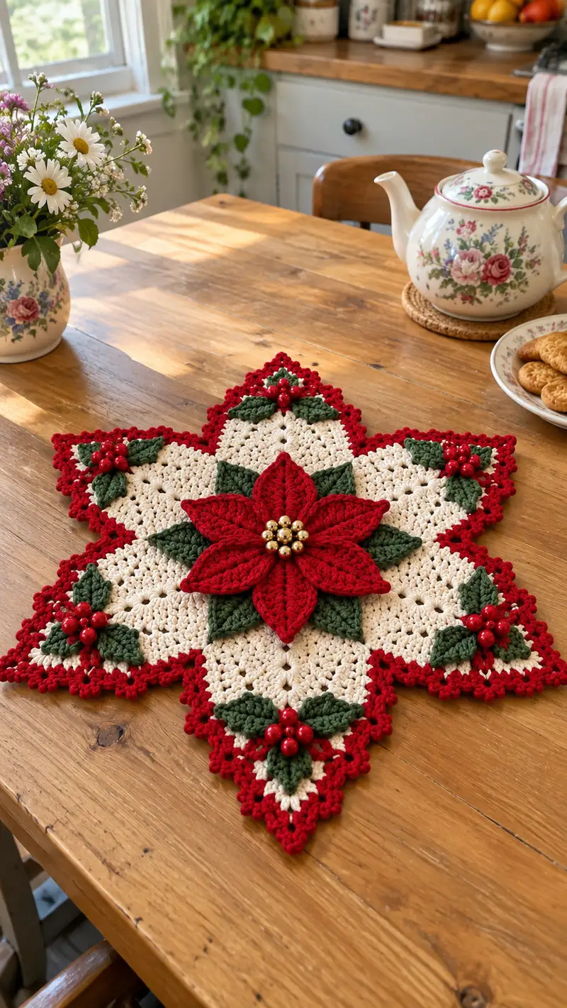 Centro Navideño Estrella Poinsettia patrón de crochet - vista detallada del proyecto terminado