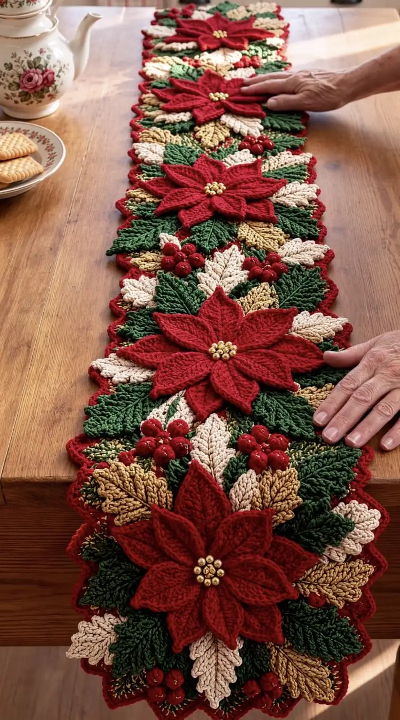 Centro De Mesa Poinsettia Navideno patrón de crochet - vista detallada del proyecto terminado