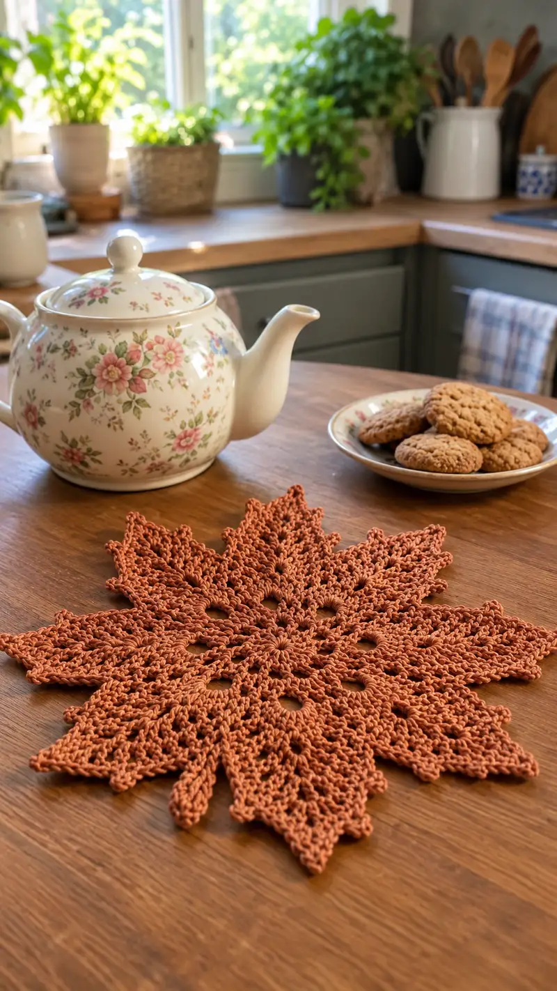 Centro De Mesa Hoja Otoñal patrón de crochet - vista detallada del proyecto terminado