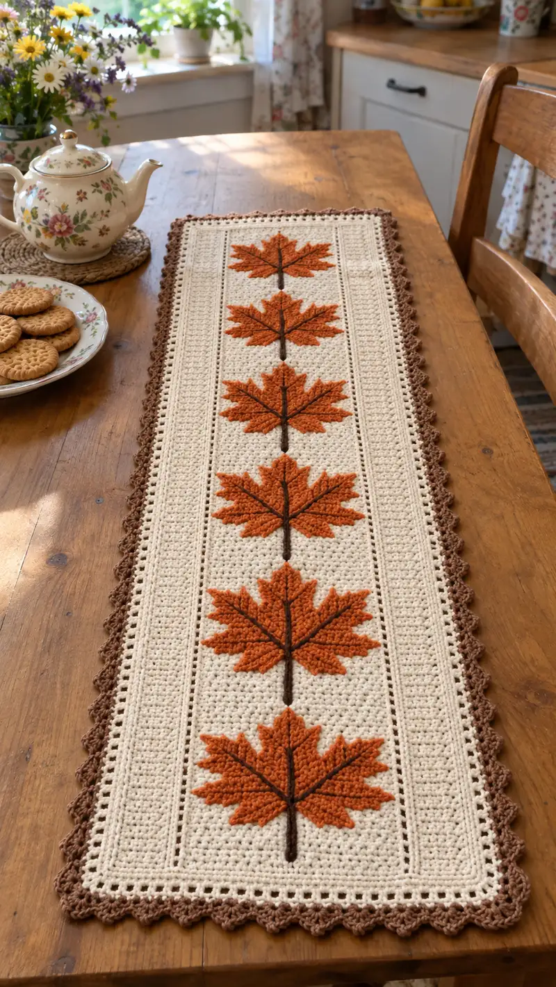 Centro De Mesa Otonal Con Hojas patrón de crochet - vista detallada del proyecto terminado