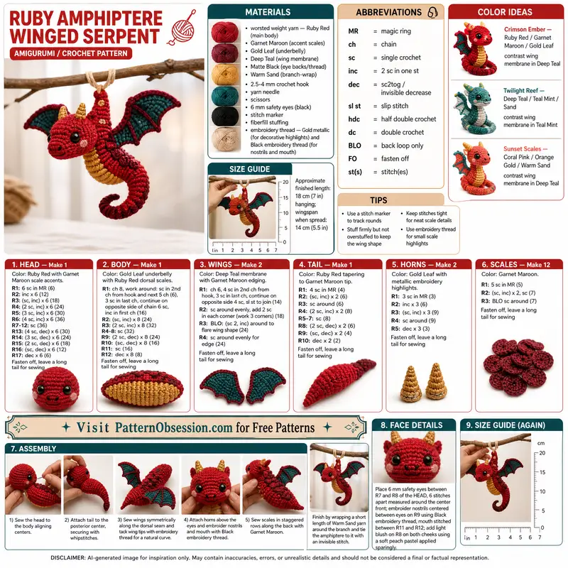 Dragón Serpiente Alada Ruby Amphiptere patrón de crochet - vista detallada del proyecto terminado