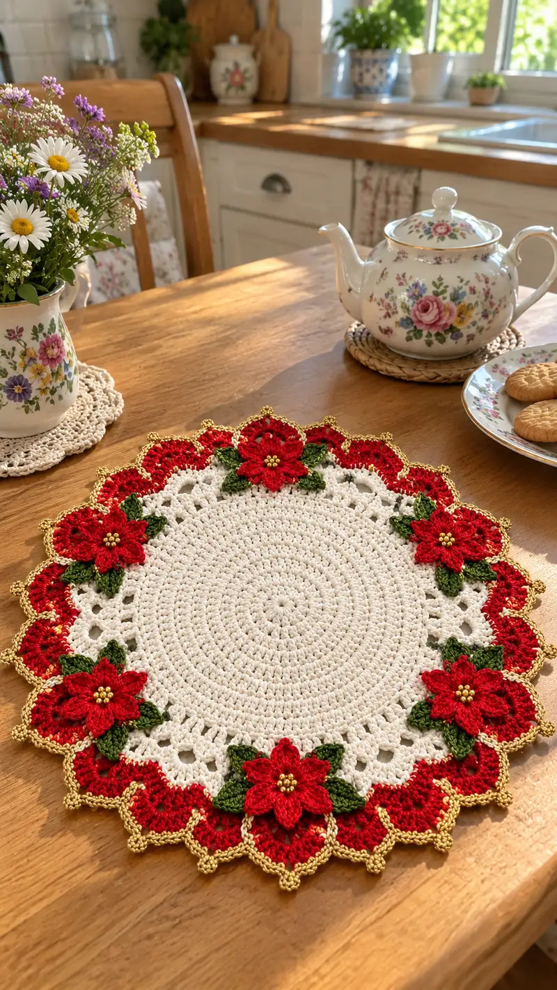 Centro De Mesa Navideno Con Flores patrón de crochet - vista detallada del proyecto terminado