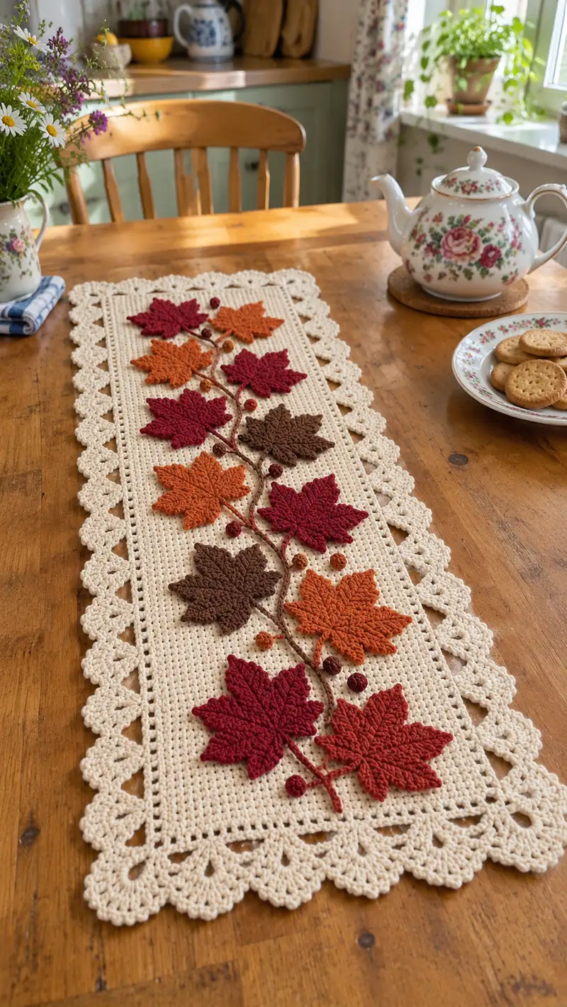 Camino De Mesa Otonal Con Hojas patrón de crochet - vista detallada del proyecto terminado