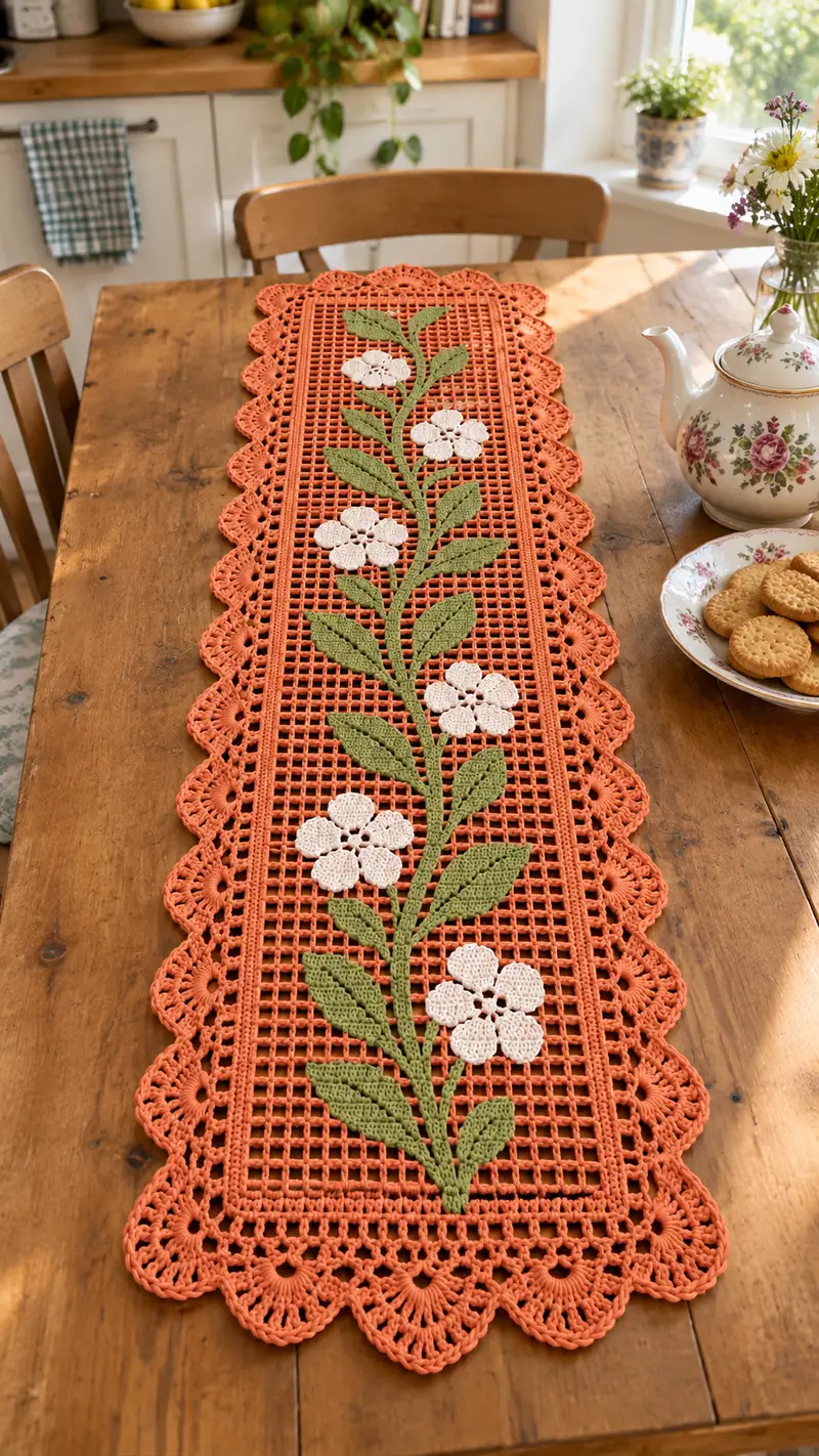 Camino De Mesa Floral Filet patrón de crochet - vista detallada del proyecto terminado