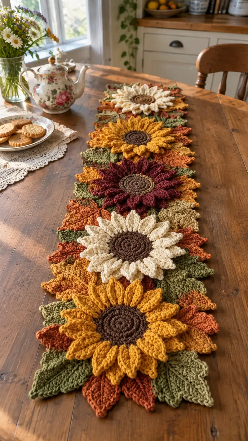 Camino de Mesa Girasoles Otoñales patrón de crochet - vista detallada del proyecto terminado