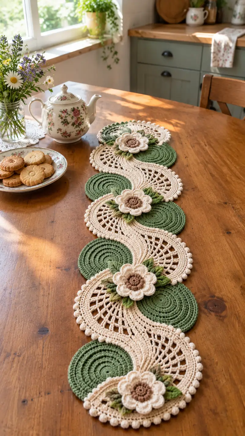 Camino De Mesa Floral Ondulado patrón de crochet - vista detallada del proyecto terminado