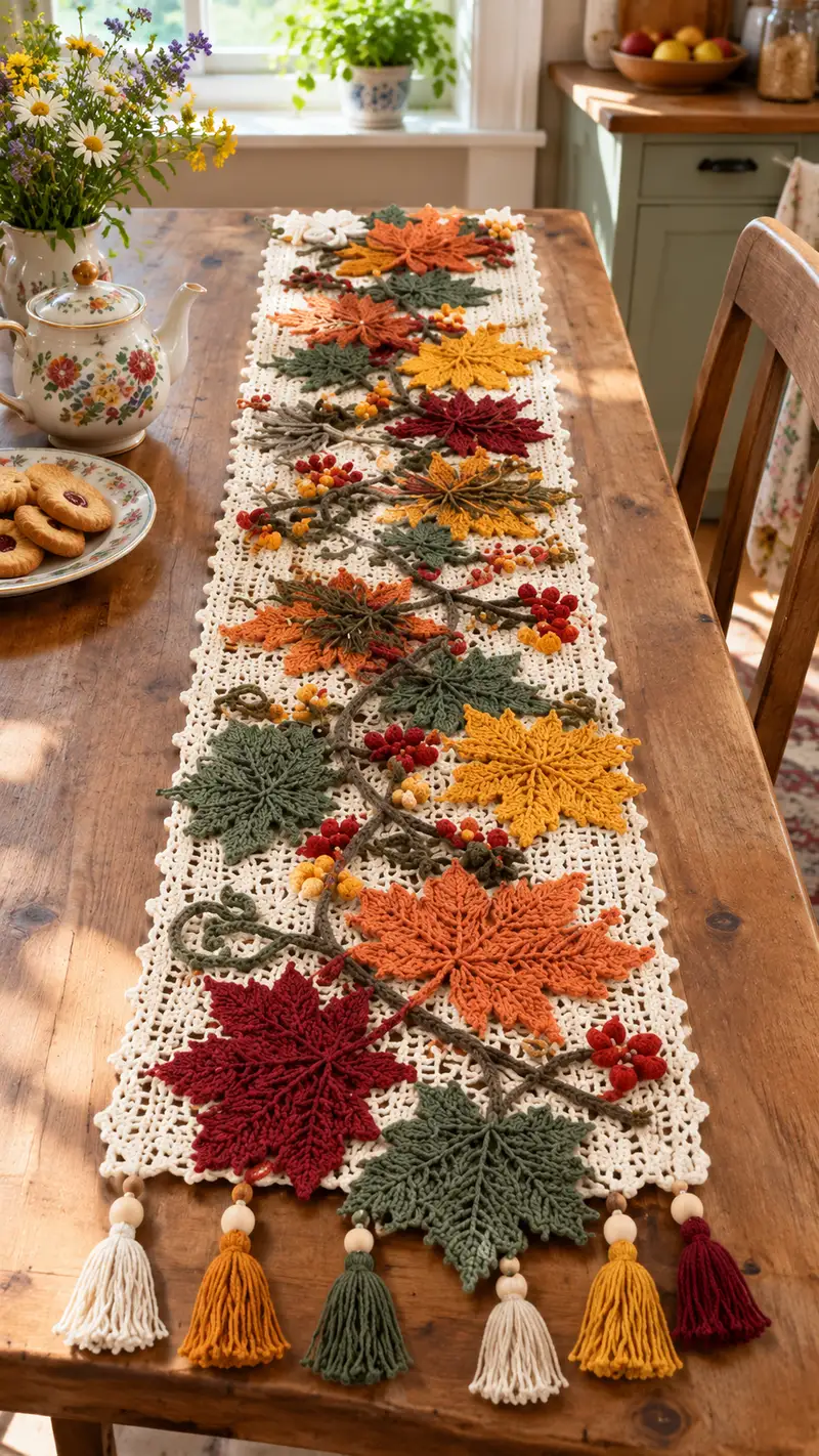 Camino de Mesa Otono con Hojas patrón de crochet - vista detallada del proyecto terminado
