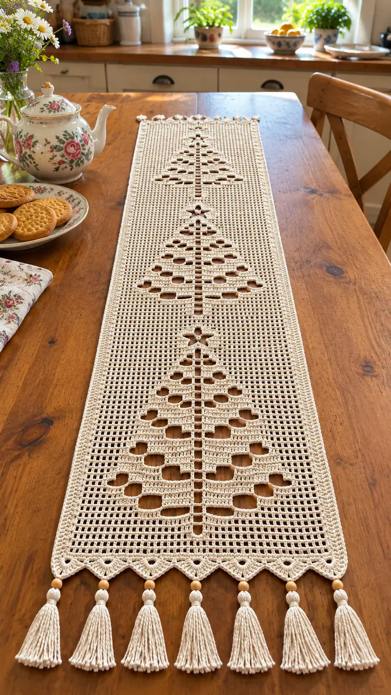 Caminito Navideño con Árboles patrón de crochet - vista detallada del proyecto terminado