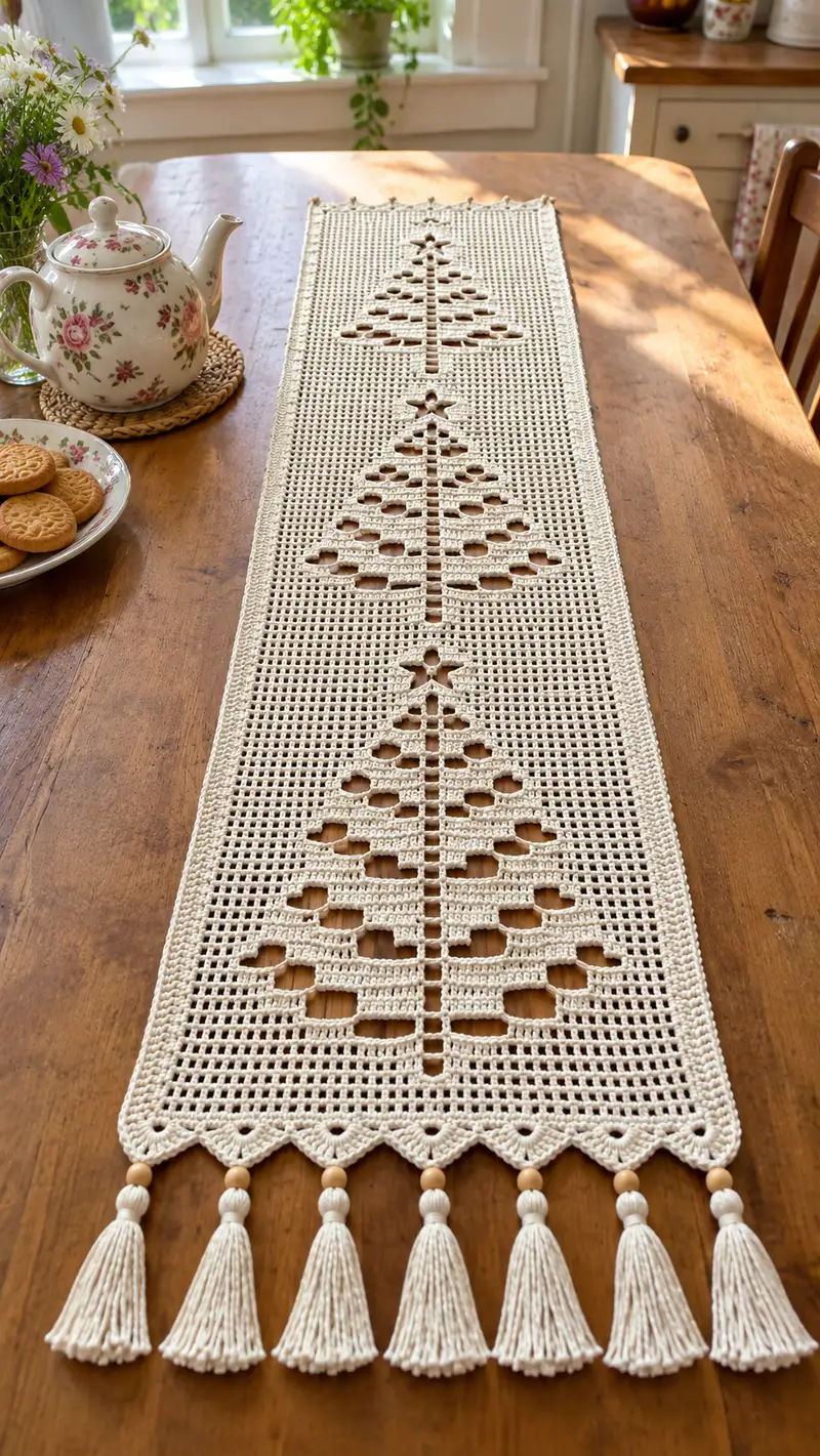 Camino de Mesa Filet Arboles Patrón patrón de crochet - vista detallada del proyecto terminado