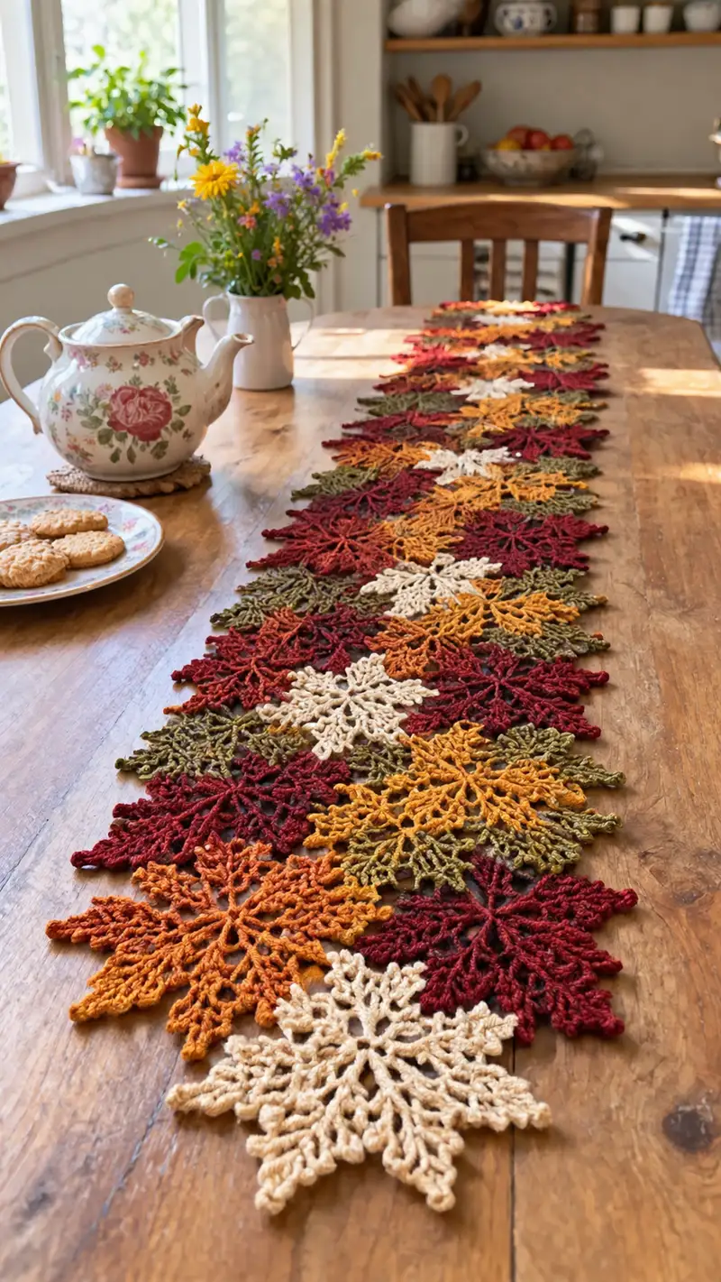 Camino De Mesa Hojas Otono patrón de crochet - vista detallada del proyecto terminado