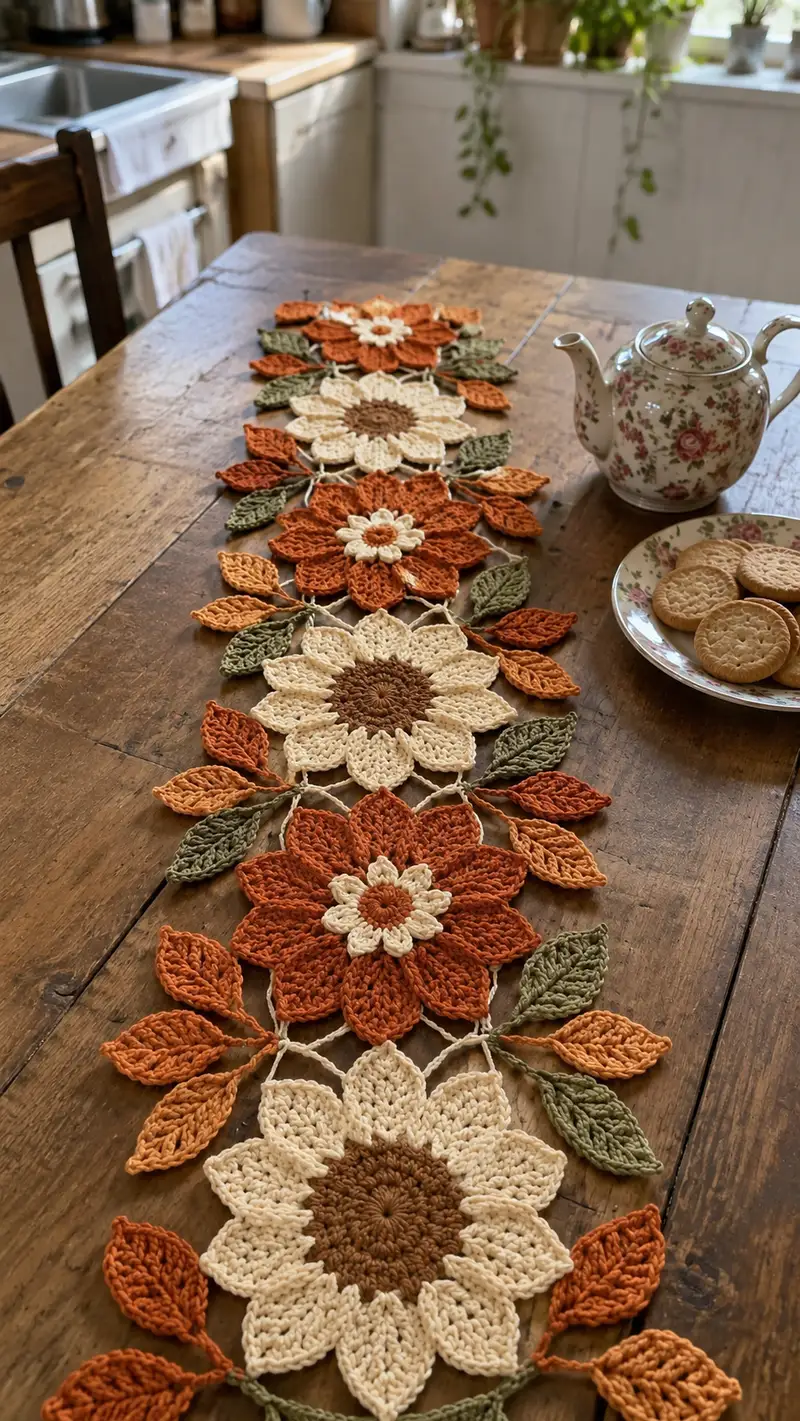 Patrón de crochet gratis nivel Intermedio: Camino De Mesa Girasoles Otoñales Patrón - Tutorial fácil de seguir
