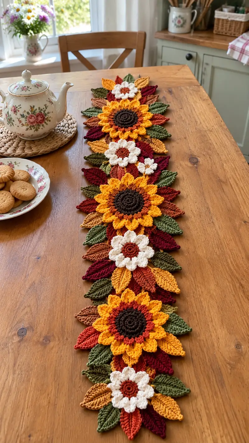 Centro De Mesa Girasoles Otoñales patrón de crochet - vista detallada del proyecto terminado