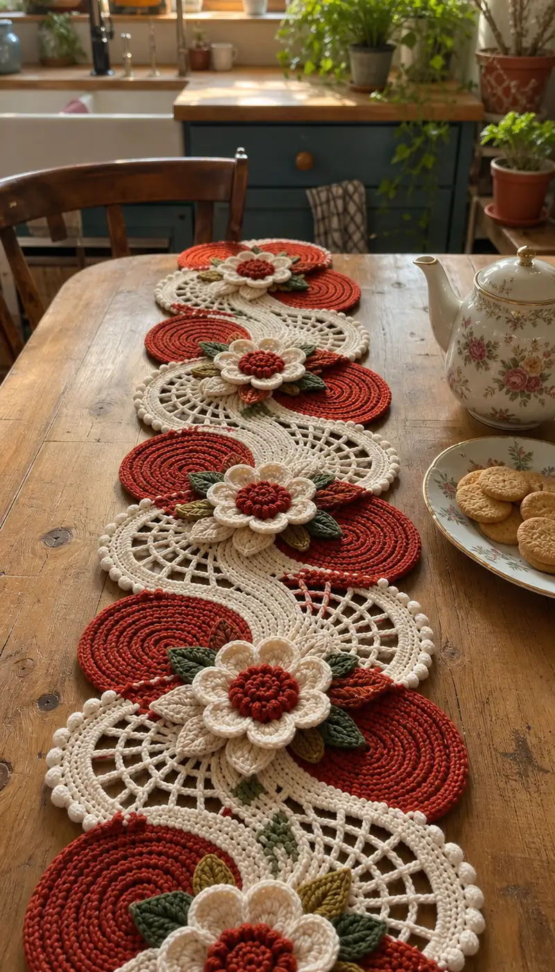 Camino De Mesa Floral Circular Patrón patrón de crochet - vista detallada del proyecto terminado