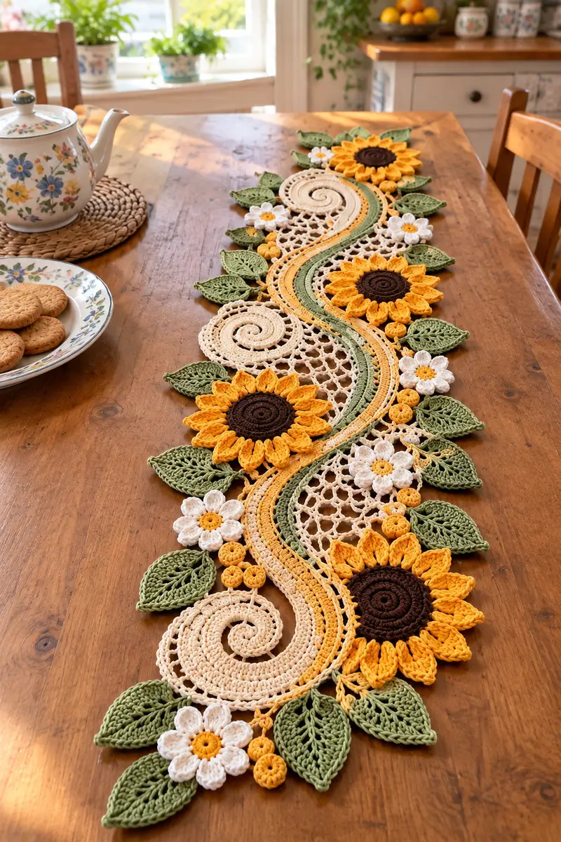 Camino De Mesa Girasoles y Espirales patrón de crochet - vista detallada del proyecto terminado