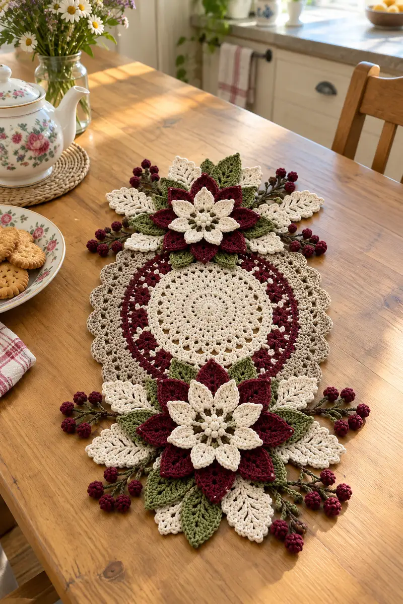 Camino De Mesa Floral Navideño patrón de crochet - vista detallada del proyecto terminado