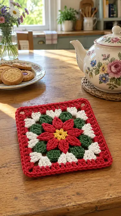 Cuadro Poinsettia Navideño a Crochet paso 1 - avance de la construcción