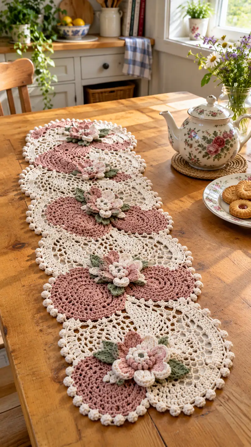 Patrón de crochet gratis nivel Intermedio: Camino De Mesa Con Flores Patrón de crochet - Tutorial fácil de seguir